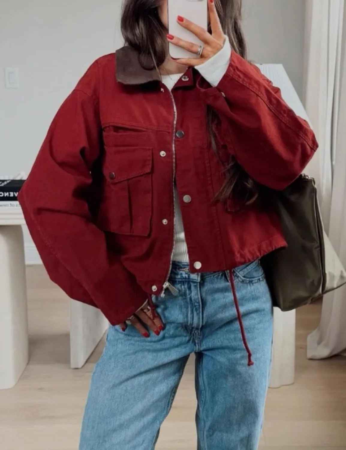 Womens Cropped Jacket Contrast Collar Utility Coat Cargo Jacket Barn Jacket Outwear with Pockets