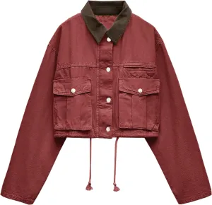 Womens Cropped Jacket Contrast Collar Utility Coat Cargo Jacket Barn Jacket Outwear with Pockets