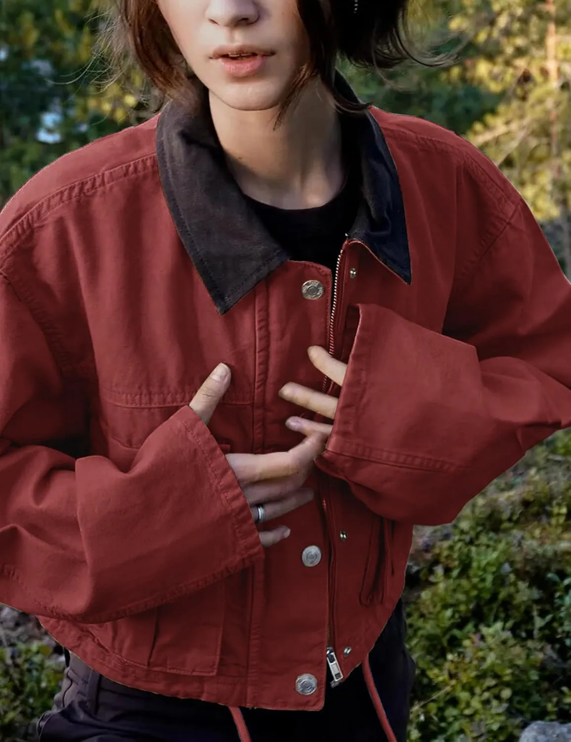 Womens Cropped Jacket Contrast Collar Utility Coat Cargo Jacket Barn Jacket Outwear with Pockets