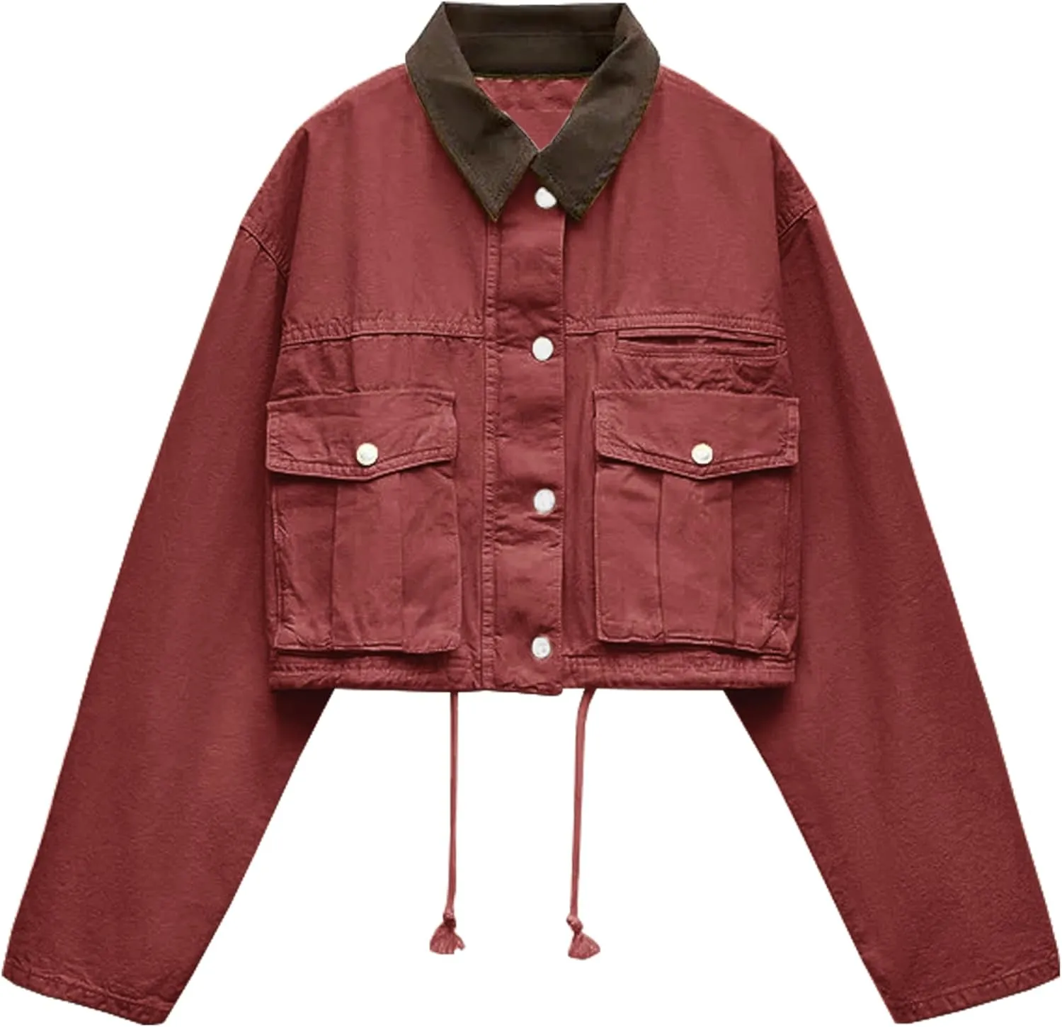Womens Cropped Jacket Contrast Collar Utility Coat Cargo Jacket Barn Jacket Outwear with Pockets