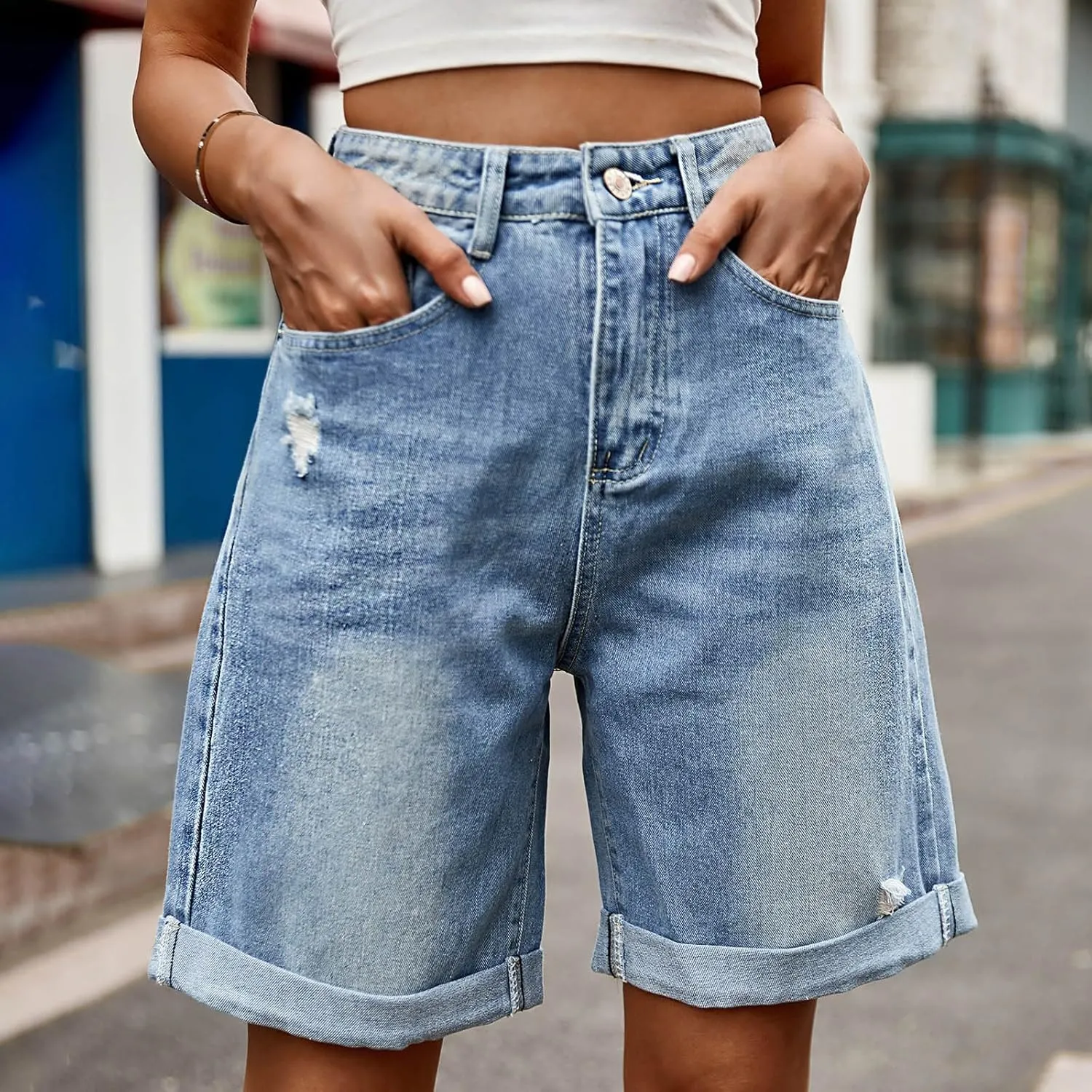 Womens Denim Bermuda Shorts High Waisted Stretchy Cuffed Long Jean Shorts Knee Length Ripped Wide Leg Baggy Jorts
