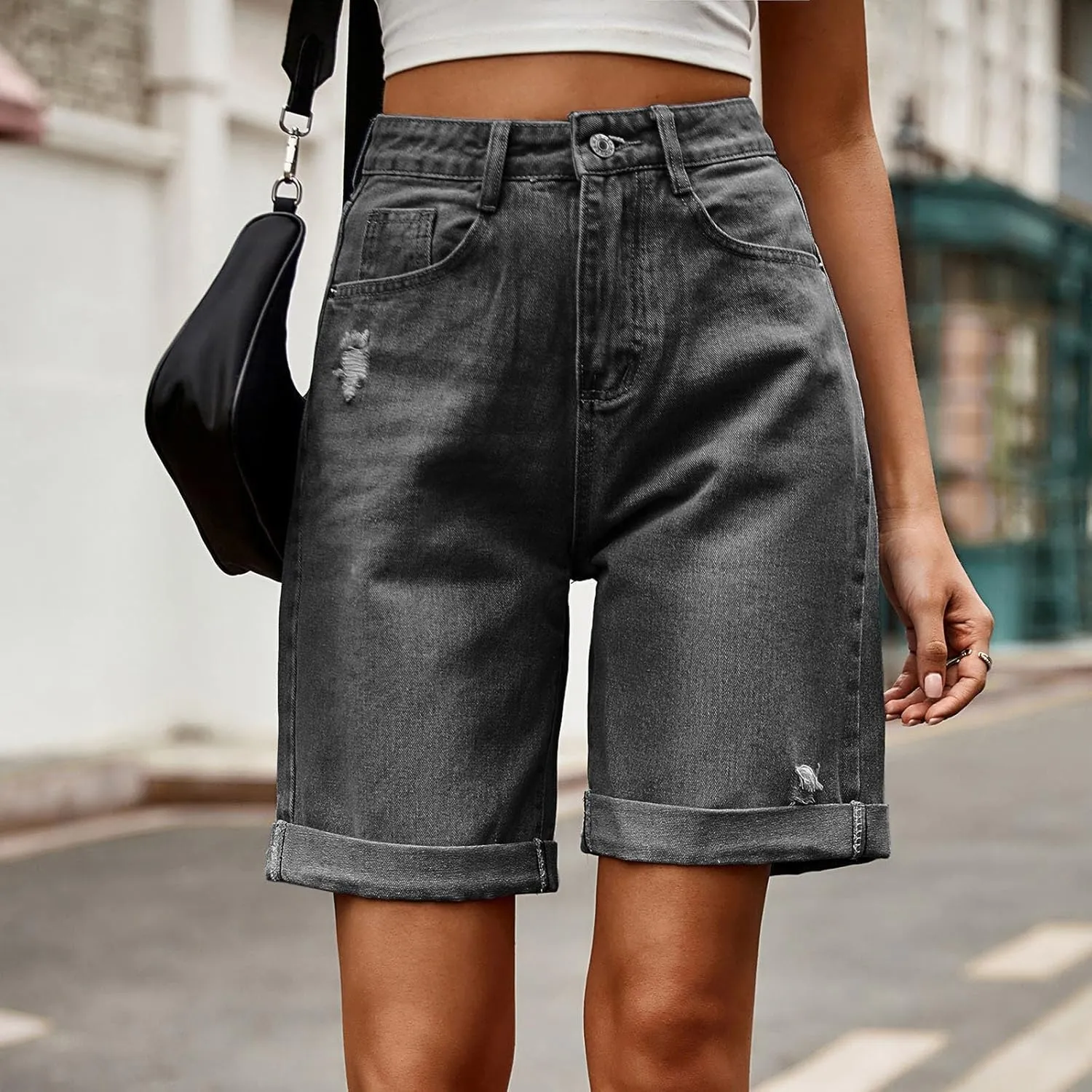 Womens Denim Bermuda Shorts High Waisted Stretchy Cuffed Long Jean Shorts Knee Length Ripped Wide Leg Baggy Jorts