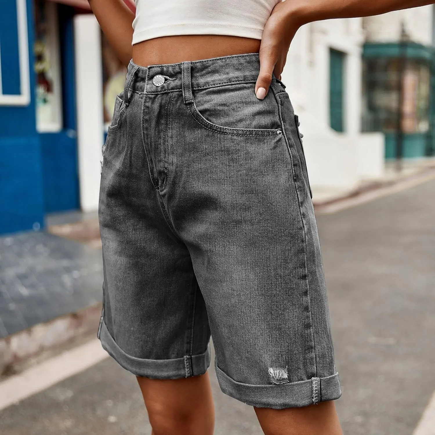 Womens Denim Bermuda Shorts High Waisted Stretchy Cuffed Long Jean Shorts Knee Length Ripped Wide Leg Baggy Jorts