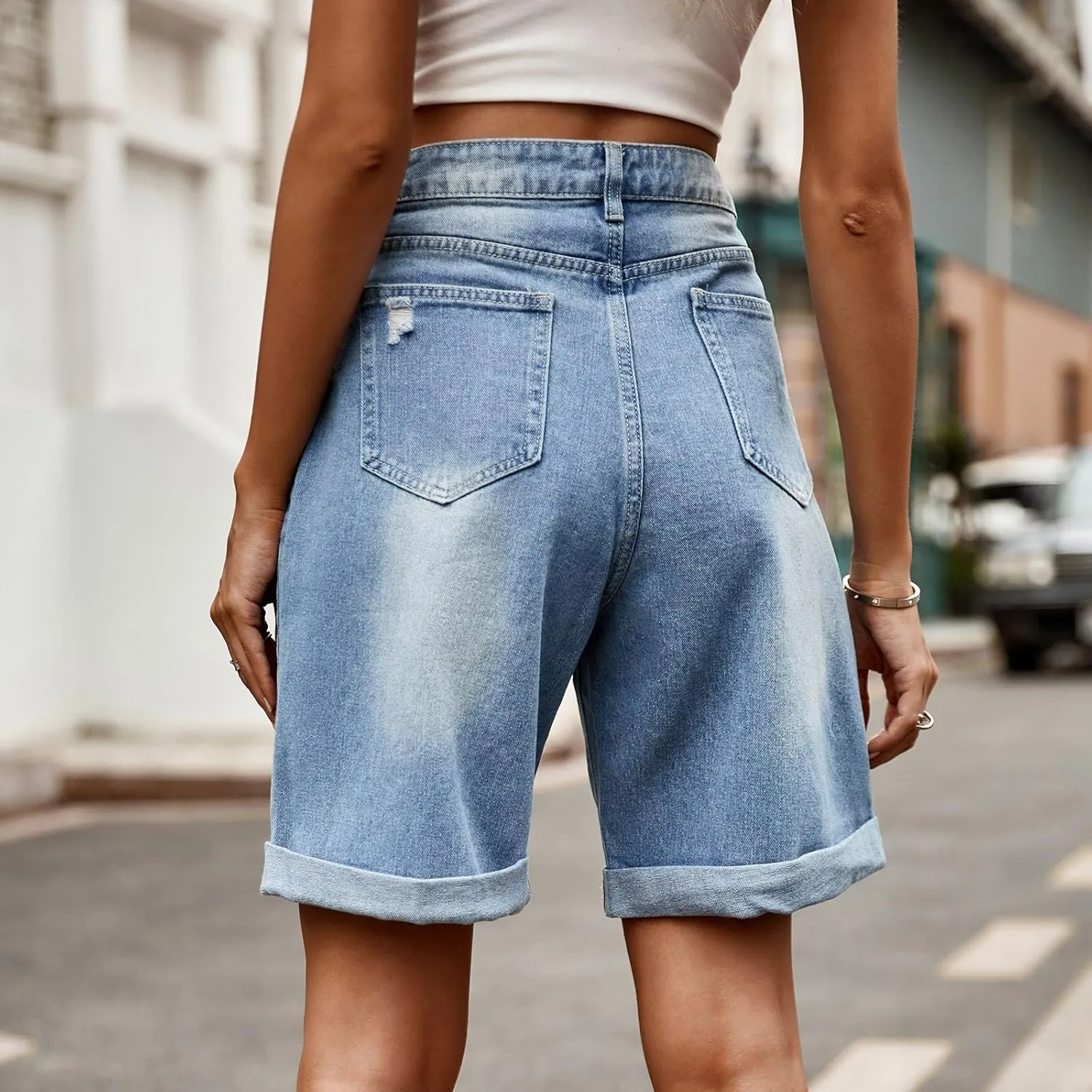 Womens Denim Bermuda Shorts High Waisted Stretchy Cuffed Long Jean Shorts Knee Length Ripped Wide Leg Baggy Jorts