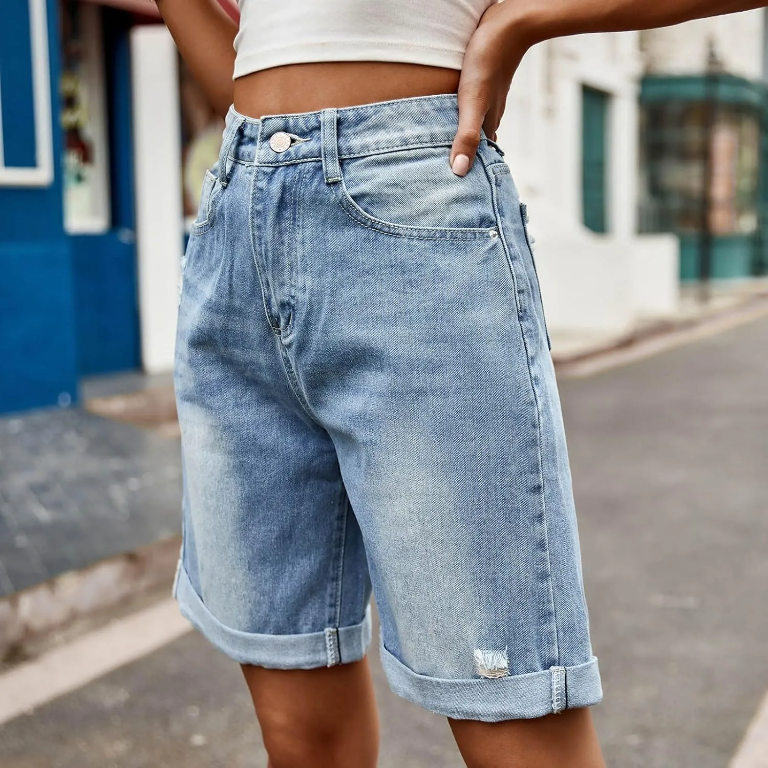 Womens Denim Bermuda Shorts High Waisted Stretchy Cuffed Long Jean Shorts Knee Length Ripped Wide Leg Baggy Jorts