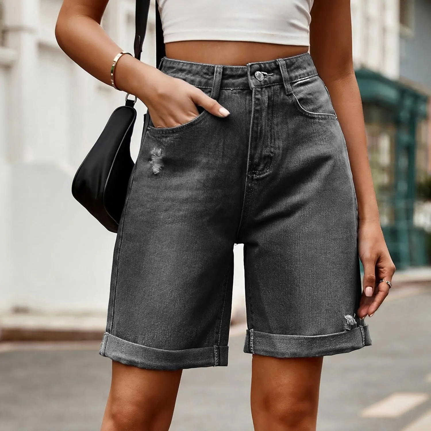 Womens Denim Bermuda Shorts High Waisted Stretchy Cuffed Long Jean Shorts Knee Length Ripped Wide Leg Baggy Jorts