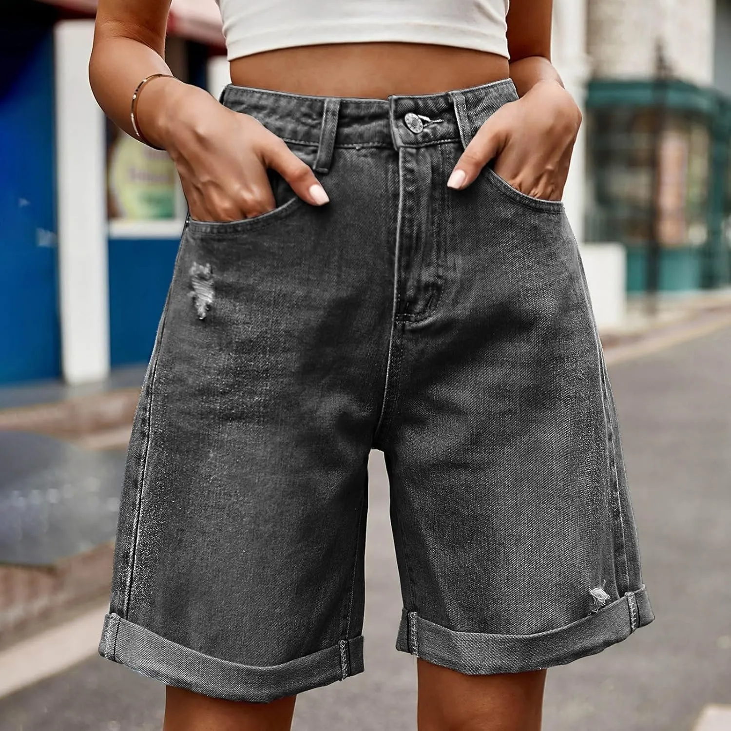 Womens Denim Bermuda Shorts High Waisted Stretchy Cuffed Long Jean Shorts Knee Length Ripped Wide Leg Baggy Jorts