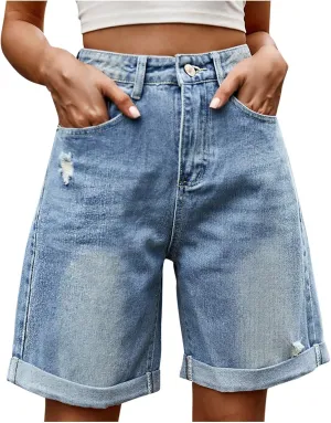 Womens Denim Bermuda Shorts High Waisted Stretchy Cuffed Long Jean Shorts Knee Length Ripped Wide Leg Baggy Jorts