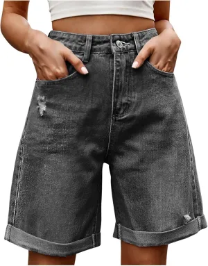 Womens Denim Bermuda Shorts High Waisted Stretchy Cuffed Long Jean Shorts Knee Length Ripped Wide Leg Baggy Jorts