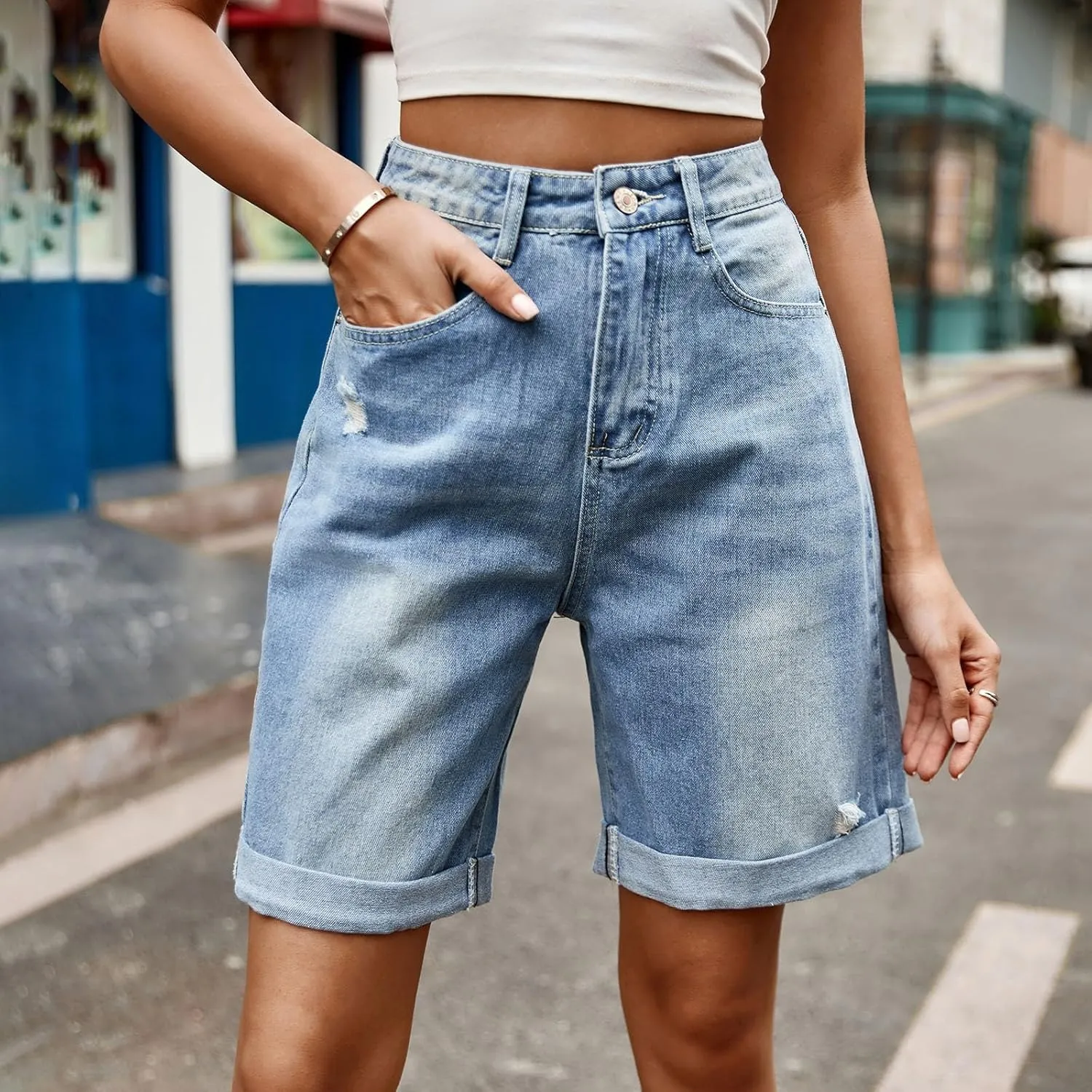 Womens Denim Bermuda Shorts High Waisted Stretchy Cuffed Long Jean Shorts Knee Length Ripped Wide Leg Baggy Jorts