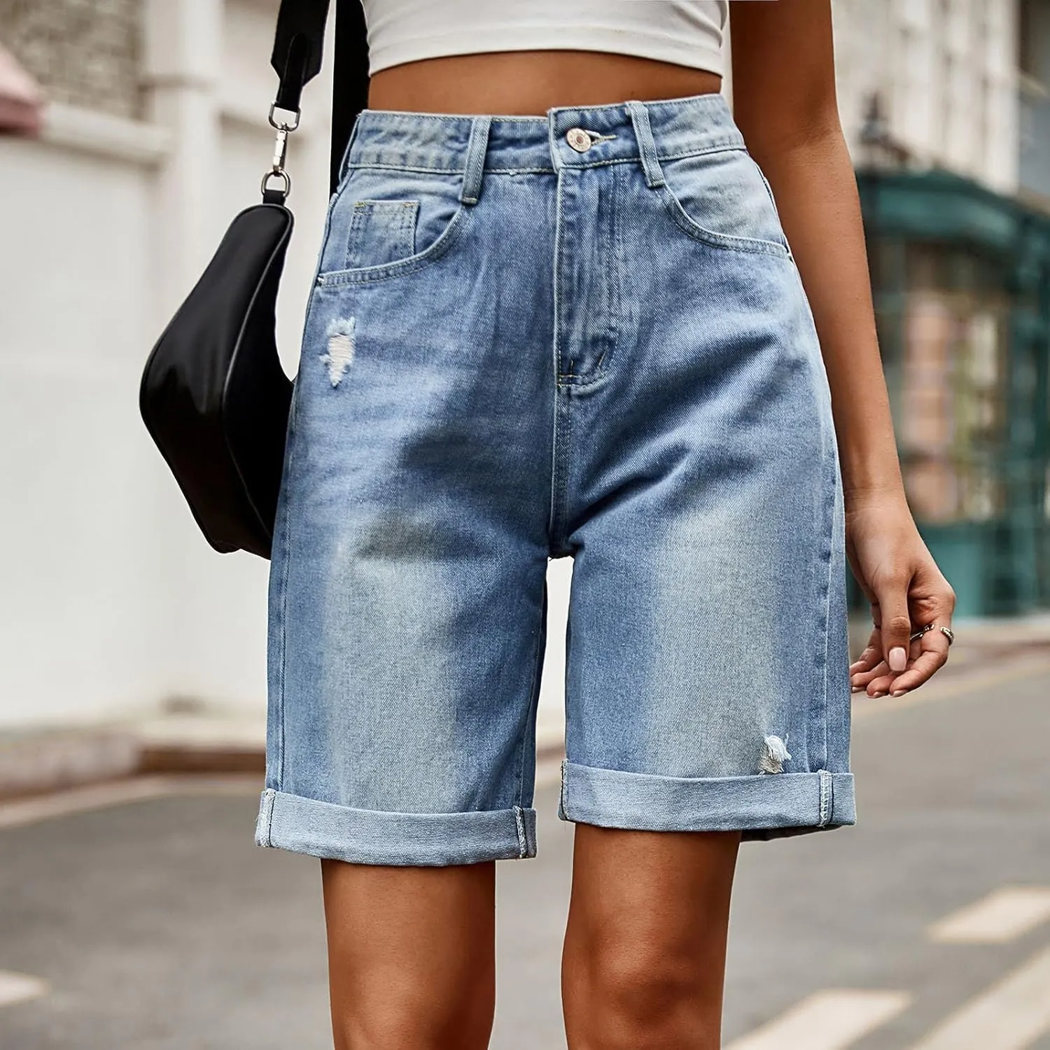 Womens Denim Bermuda Shorts High Waisted Stretchy Cuffed Long Jean Shorts Knee Length Ripped Wide Leg Baggy Jorts
