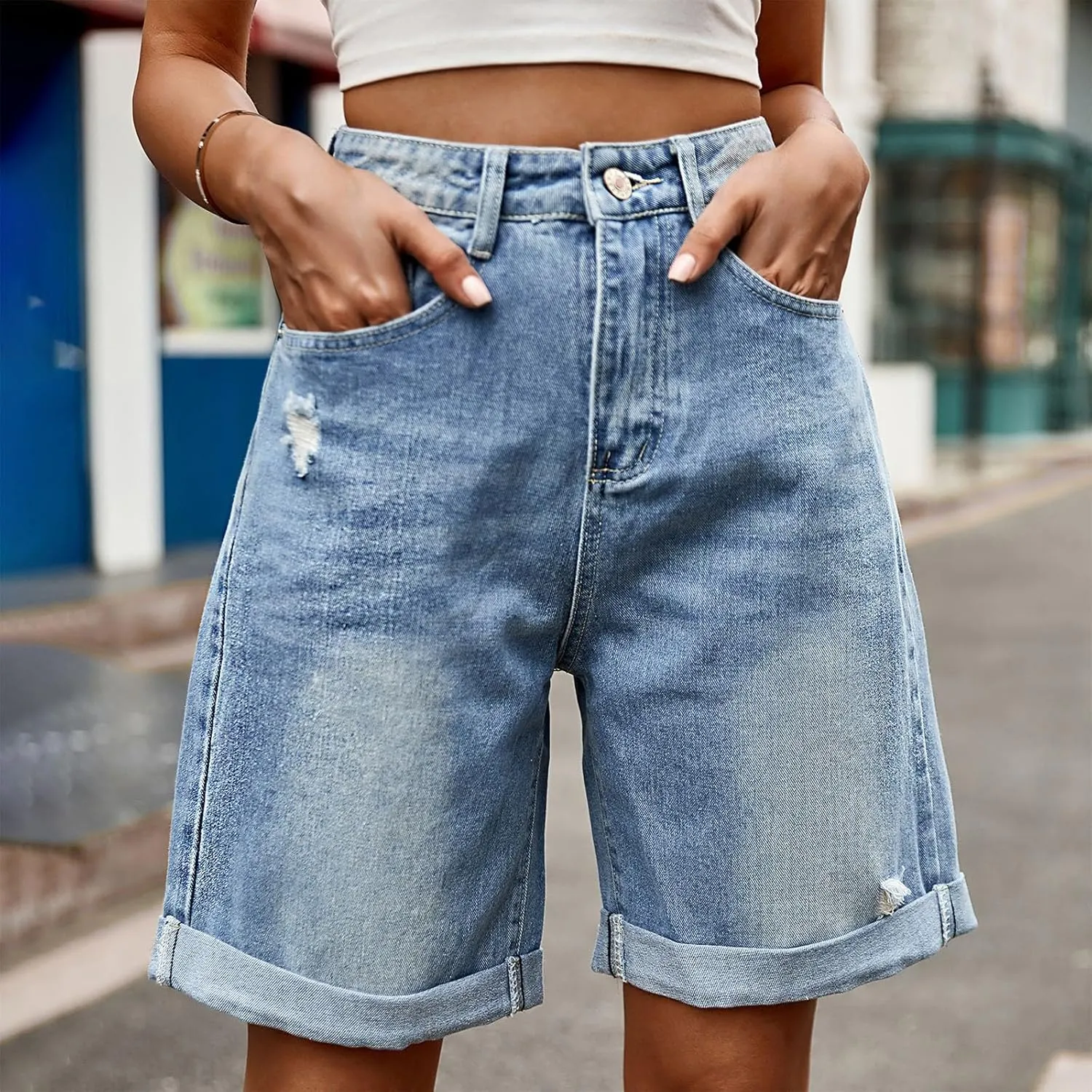Womens Denim Bermuda Shorts High Waisted Stretchy Cuffed Long Jean Shorts Knee Length Ripped Wide Leg Baggy Jorts