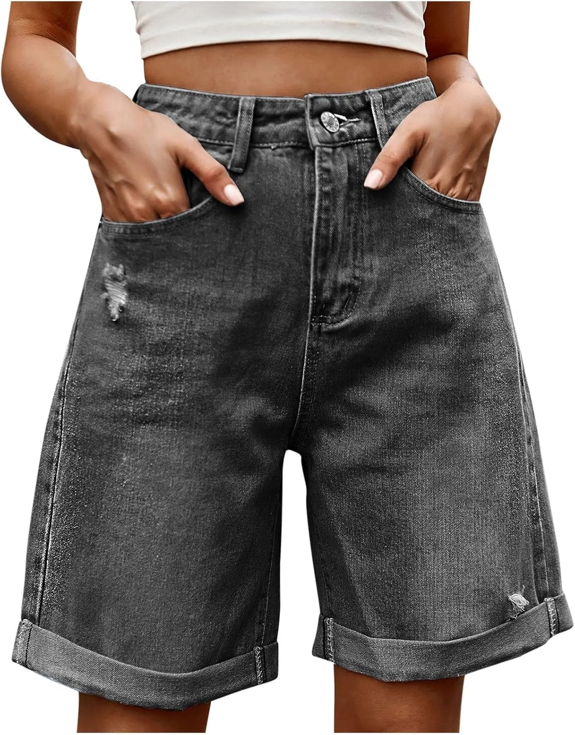 Womens Denim Bermuda Shorts High Waisted Stretchy Cuffed Long Jean Shorts Knee Length Ripped Wide Leg Baggy Jorts