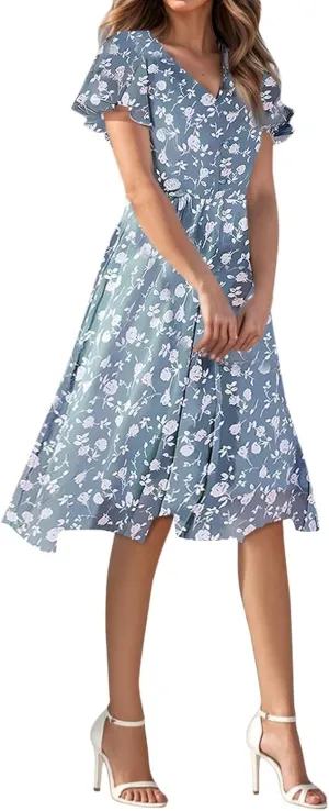 Womens Dresses for Wedding GuestSpring Long,Chiffon Midi Dress Below The Knee Length Ruffle Hem Dressess