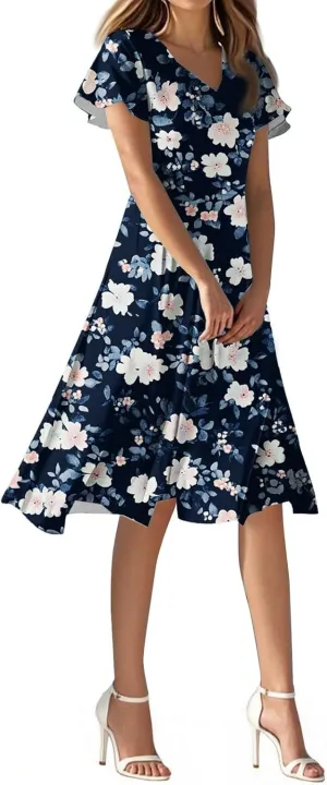 Womens Dresses for Wedding GuestSpring Long,Chiffon Midi Dress Below The Knee Length Ruffle Hem Dressess