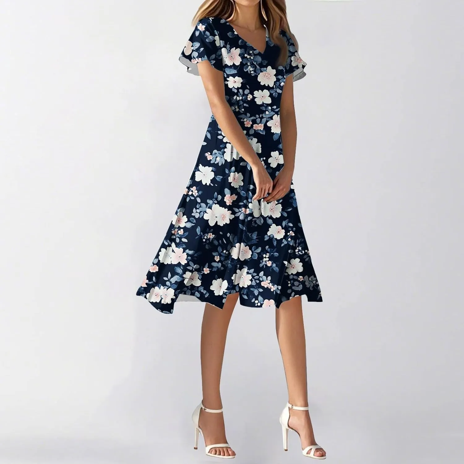 Womens Dresses for Wedding GuestSpring Long,Chiffon Midi Dress Below The Knee Length Ruffle Hem Dressess