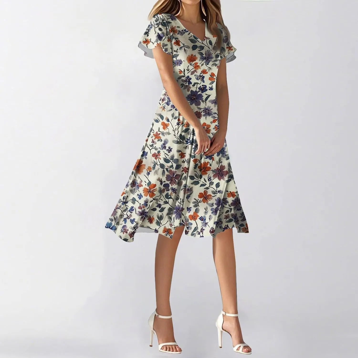Womens Dresses for Wedding GuestSpring Long,Chiffon Midi Dress Below The Knee Length Ruffle Hem Dressess