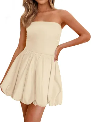 Womens Dresses Tube Top Bubble Mini Dress Smocked A Line Trendy Strapless Dress Summer Casual Party Dresses 2025