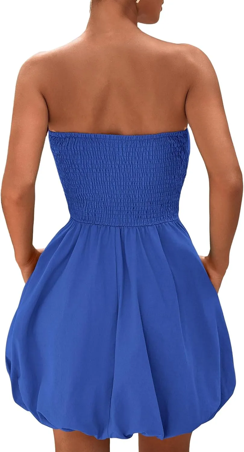 Womens Dresses Tube Top Bubble Mini Dress Smocked A Line Trendy Strapless Dress Summer Casual Party Dresses 2025