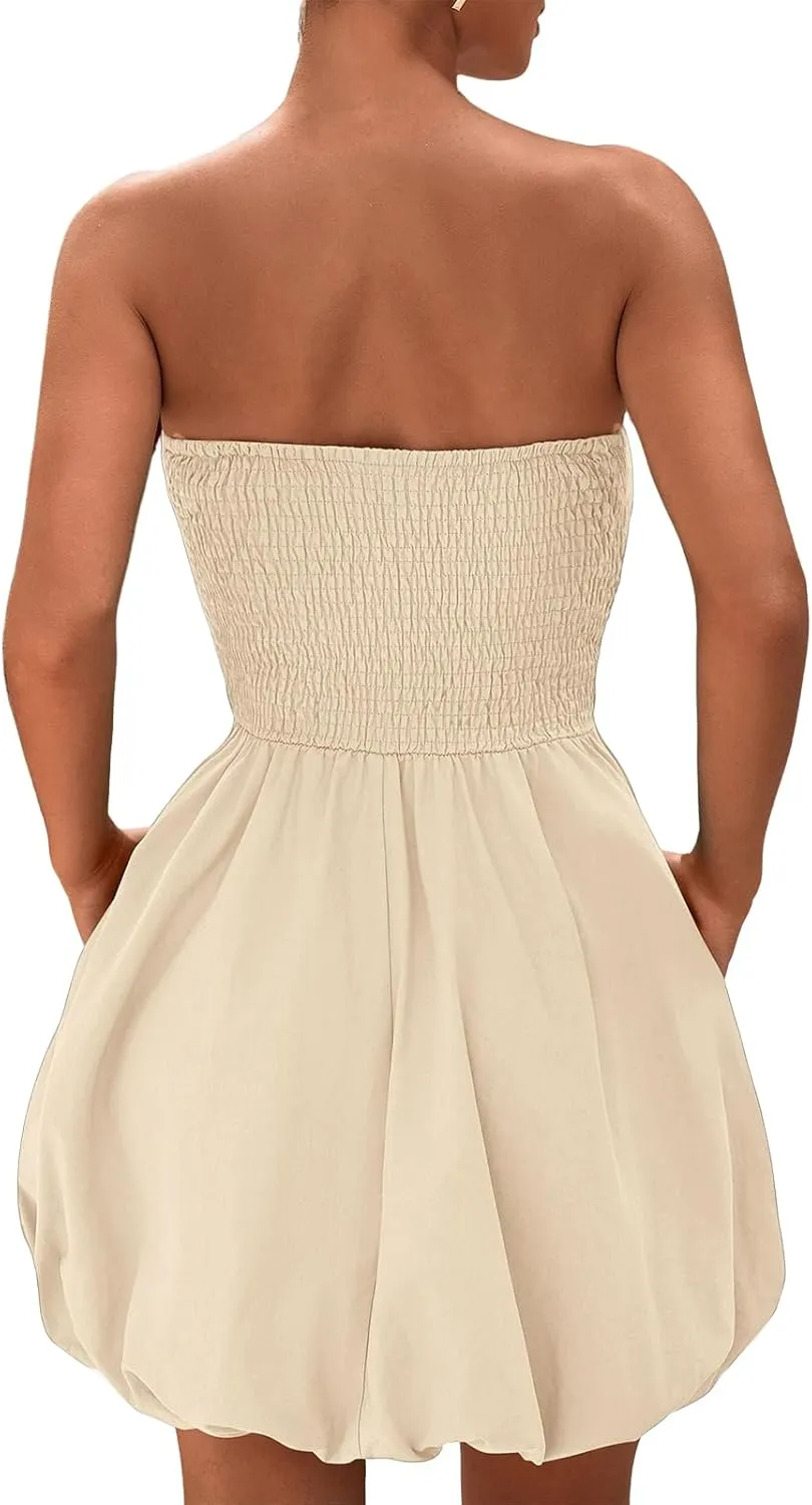Womens Dresses Tube Top Bubble Mini Dress Smocked A Line Trendy Strapless Dress Summer Casual Party Dresses 2025