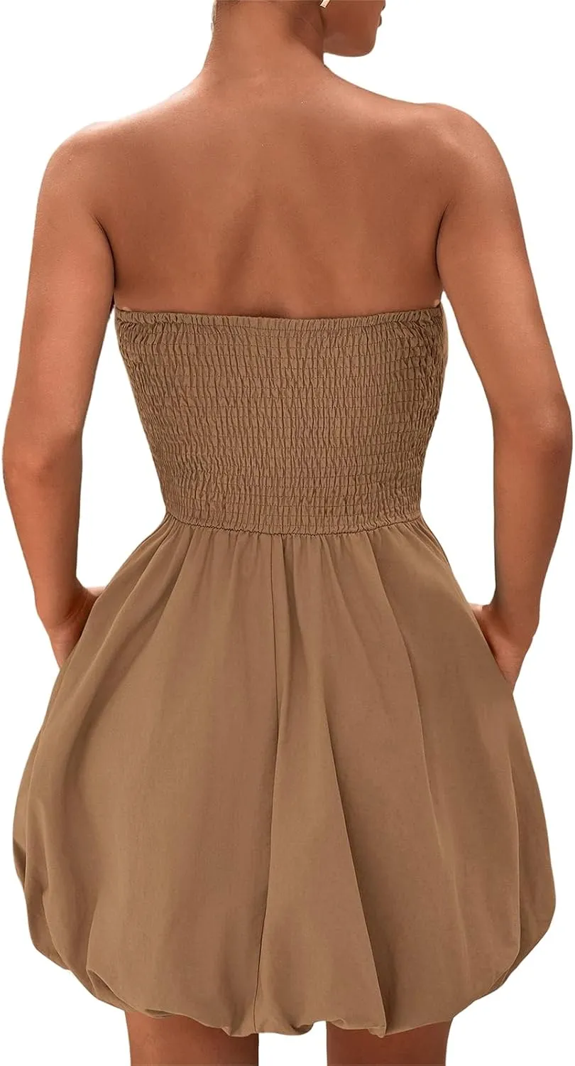 Womens Dresses Tube Top Bubble Mini Dress Smocked A Line Trendy Strapless Dress Summer Casual Party Dresses 2025