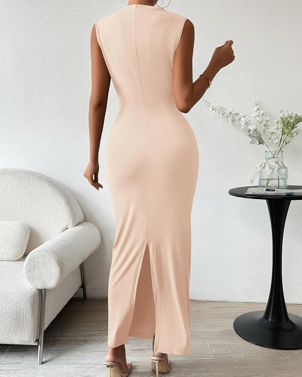 Women's Elegant Bodycon Long Dress Sleeveless Back Split Slim Dresses Sexy Ruched Evening Party Cocktail Maxi Dress
