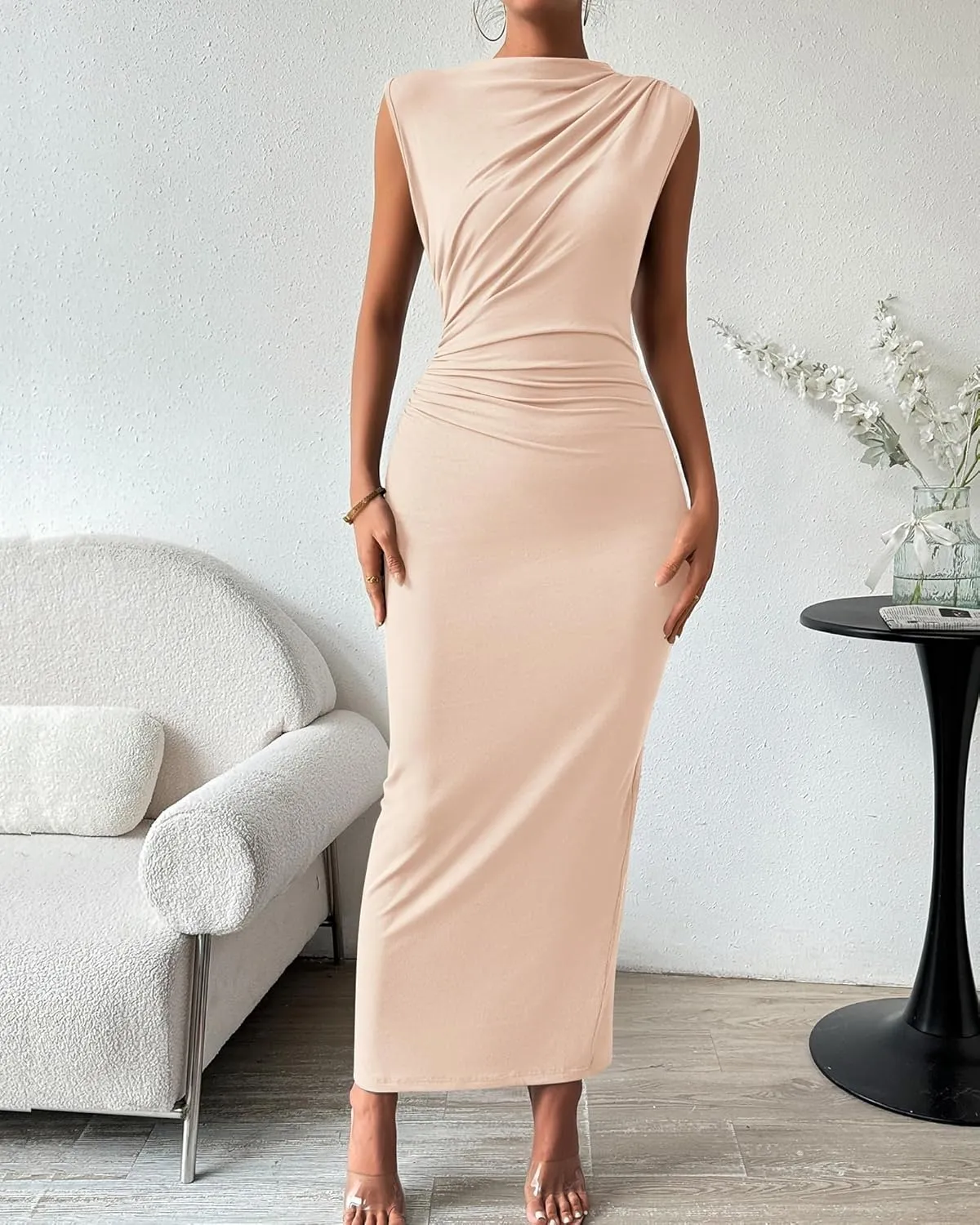Women's Elegant Bodycon Long Dress Sleeveless Back Split Slim Dresses Sexy Ruched Evening Party Cocktail Maxi Dress