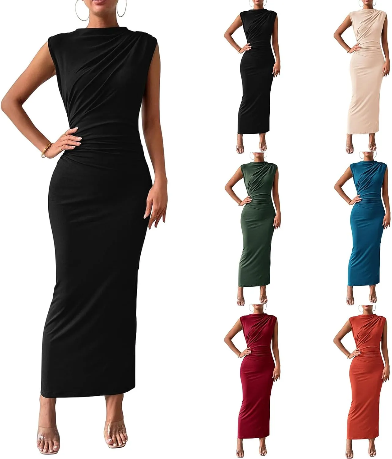 Women's Elegant Bodycon Long Dress Sleeveless Back Split Slim Dresses Sexy Ruched Evening Party Cocktail Maxi Dress