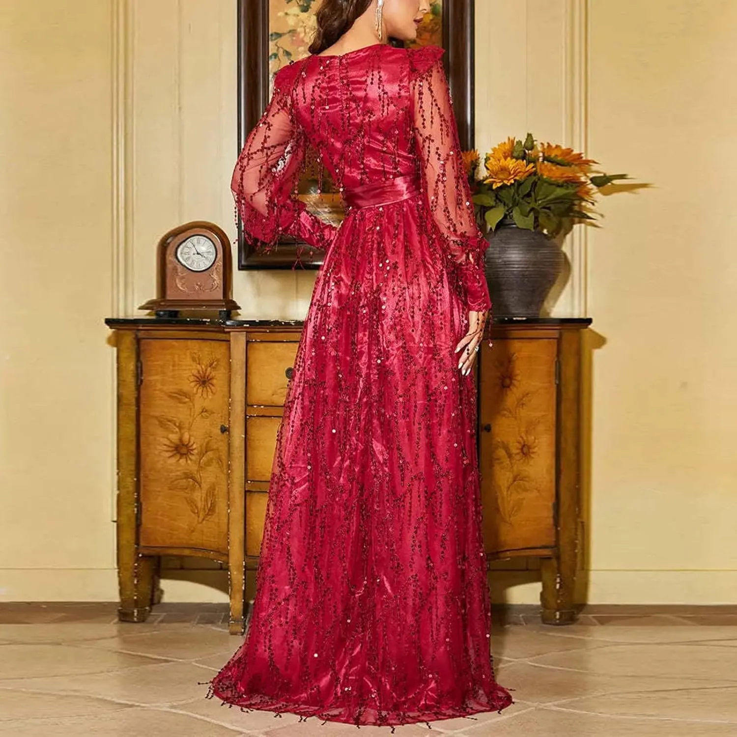 Womens Fall Dresses Sexy Deep V Neck Mesh Lantern Sleeve Maxi Dress Sparkly Sequin Split Waistband Ball Gown Dresses
