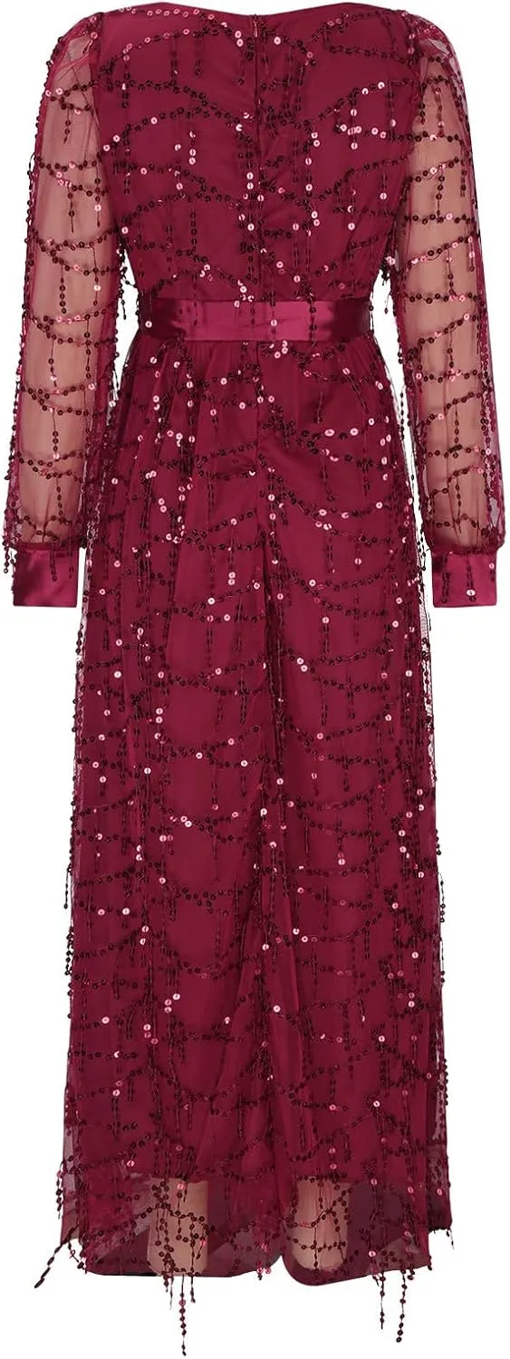Womens Fall Dresses Sexy Deep V Neck Mesh Lantern Sleeve Maxi Dress Sparkly Sequin Split Waistband Ball Gown Dresses