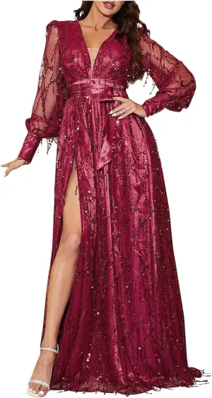 Womens Fall Dresses Sexy Deep V Neck Mesh Lantern Sleeve Maxi Dress Sparkly Sequin Split Waistband Ball Gown Dresses