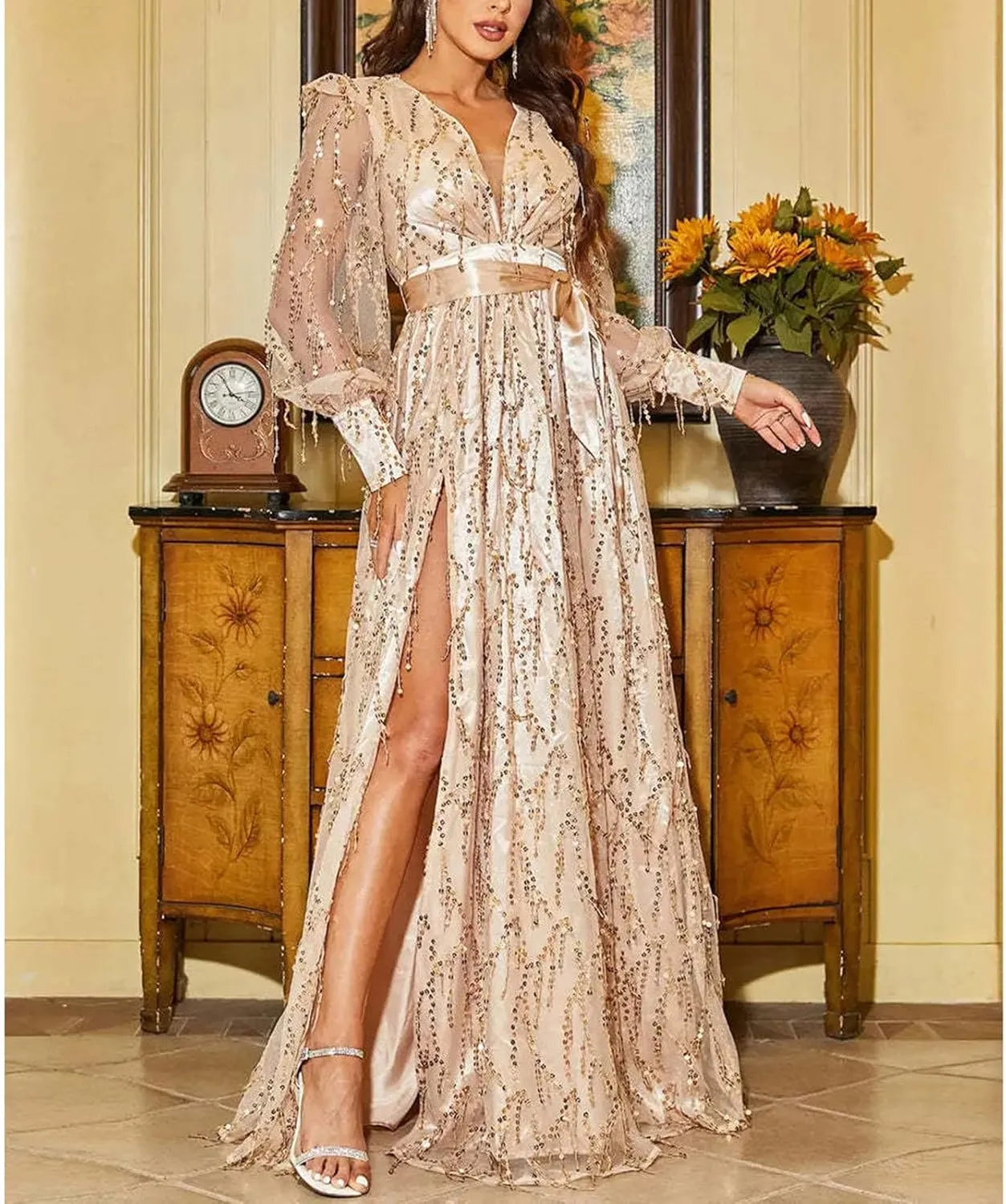 Womens Fall Dresses Sexy Deep V Neck Mesh Lantern Sleeve Maxi Dress Sparkly Sequin Split Waistband Ball Gown Dresses
