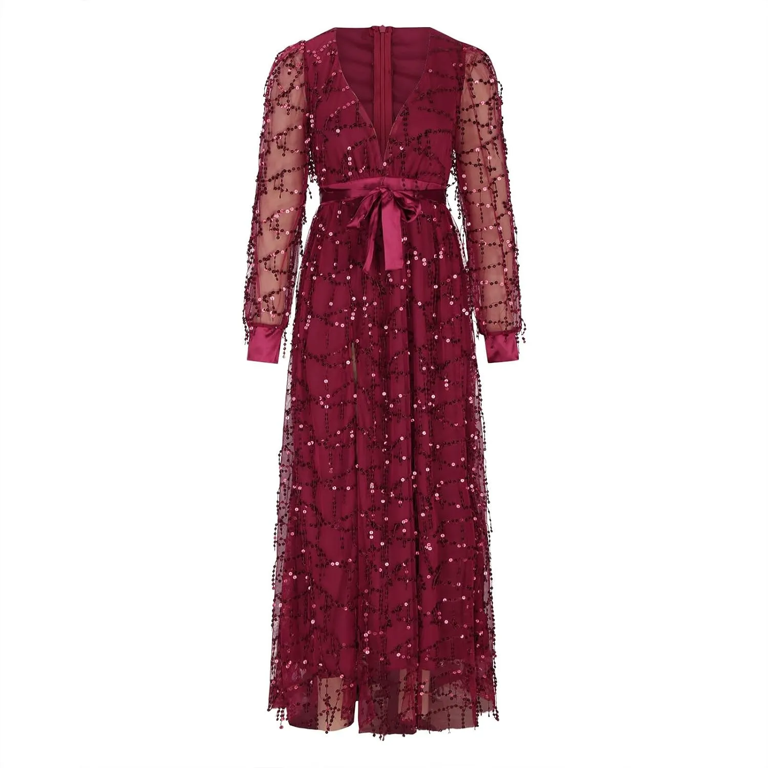 Womens Fall Dresses Sexy Deep V Neck Mesh Lantern Sleeve Maxi Dress Sparkly Sequin Split Waistband Ball Gown Dresses
