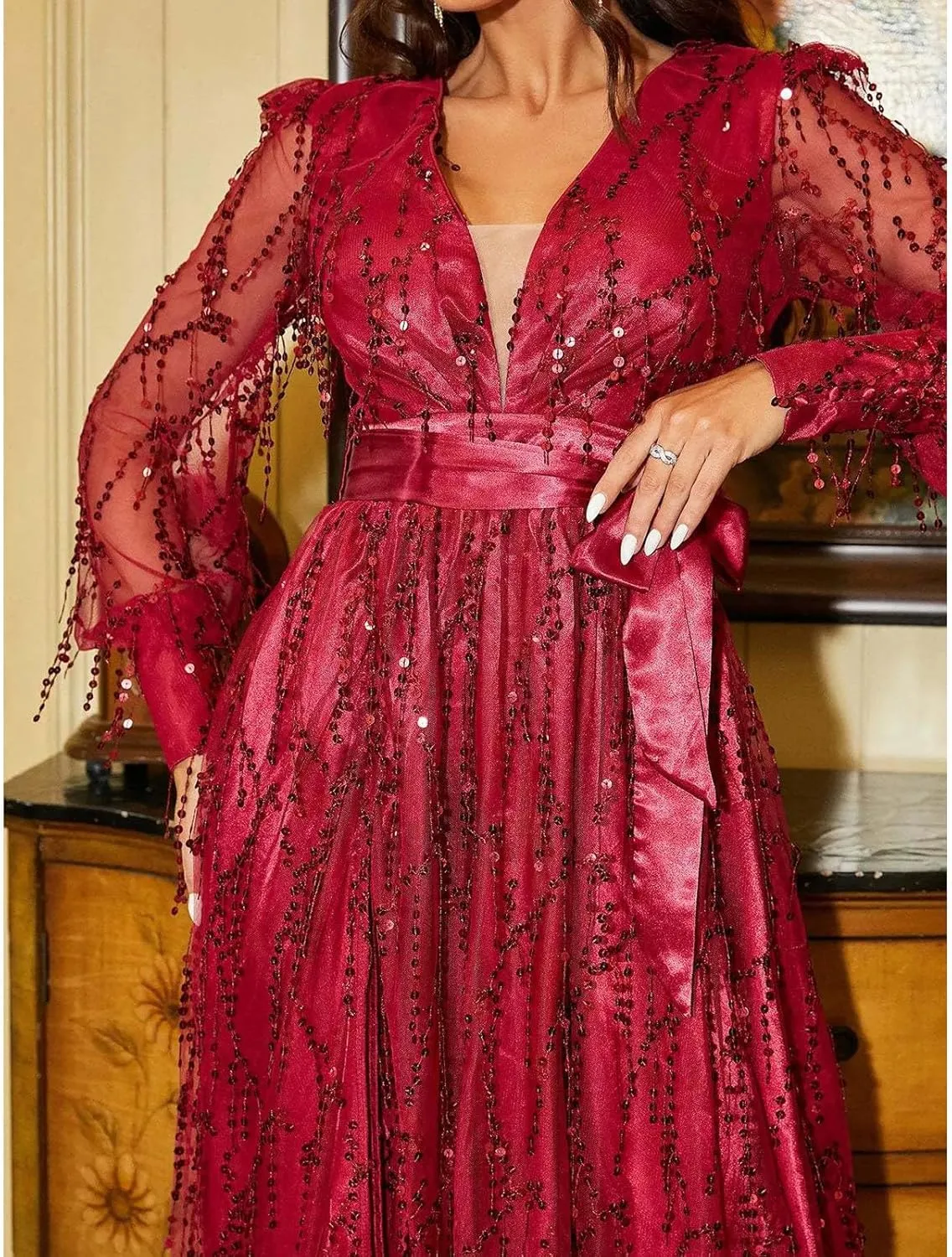Womens Fall Dresses Sexy Deep V Neck Mesh Lantern Sleeve Maxi Dress Sparkly Sequin Split Waistband Ball Gown Dresses