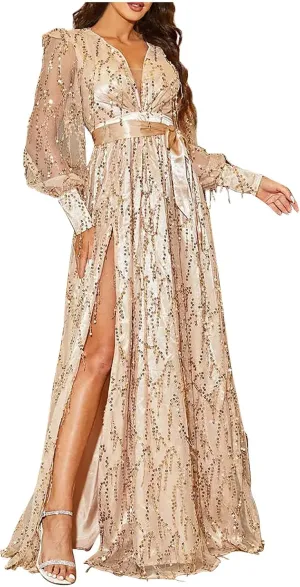 Womens Fall Dresses Sexy Deep V Neck Mesh Lantern Sleeve Maxi Dress Sparkly Sequin Split Waistband Ball Gown Dresses