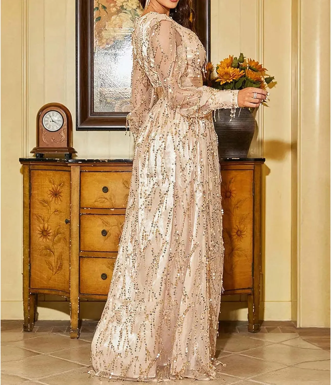 Womens Fall Dresses Sexy Deep V Neck Mesh Lantern Sleeve Maxi Dress Sparkly Sequin Split Waistband Ball Gown Dresses