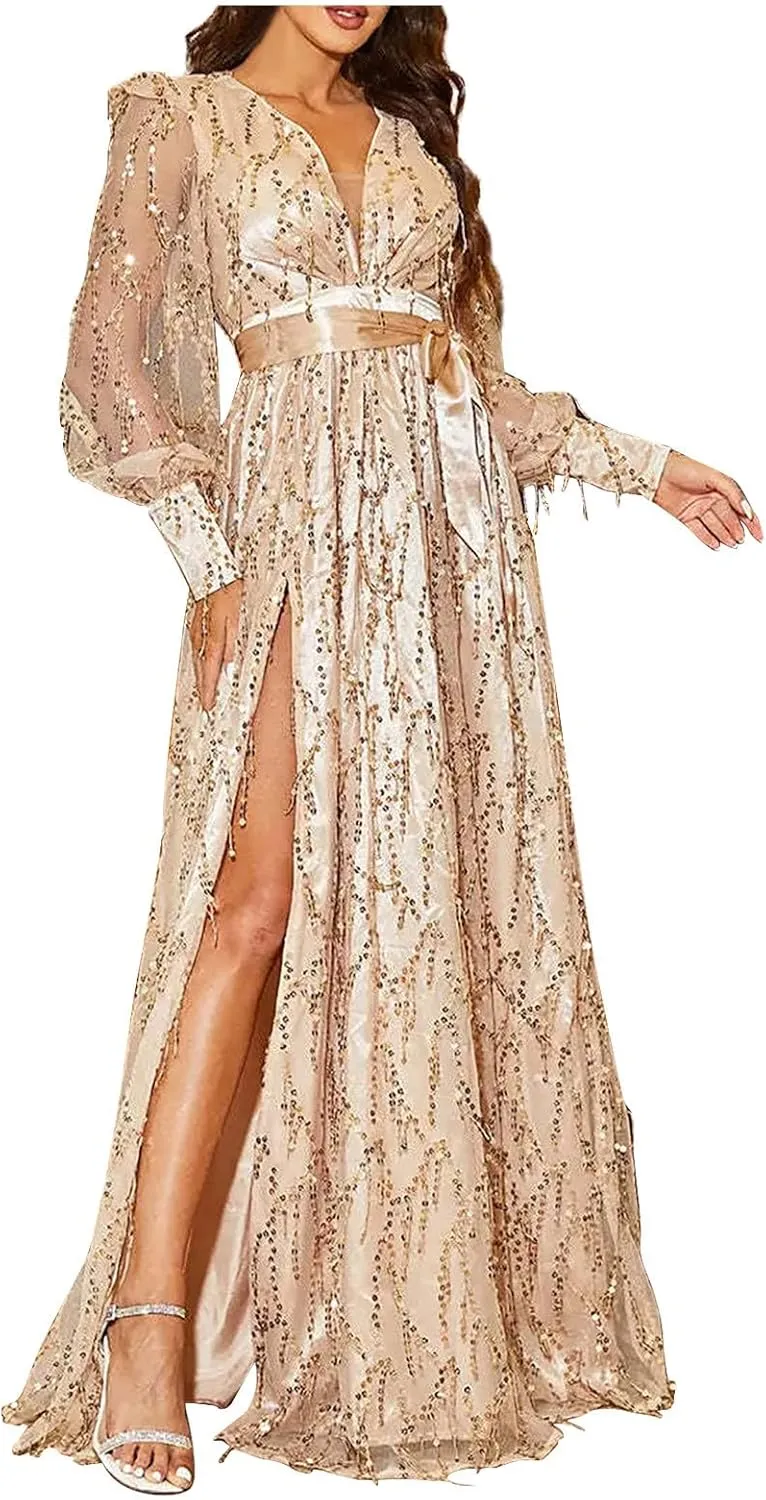 Womens Fall Dresses Sexy Deep V Neck Mesh Lantern Sleeve Maxi Dress Sparkly Sequin Split Waistband Ball Gown Dresses