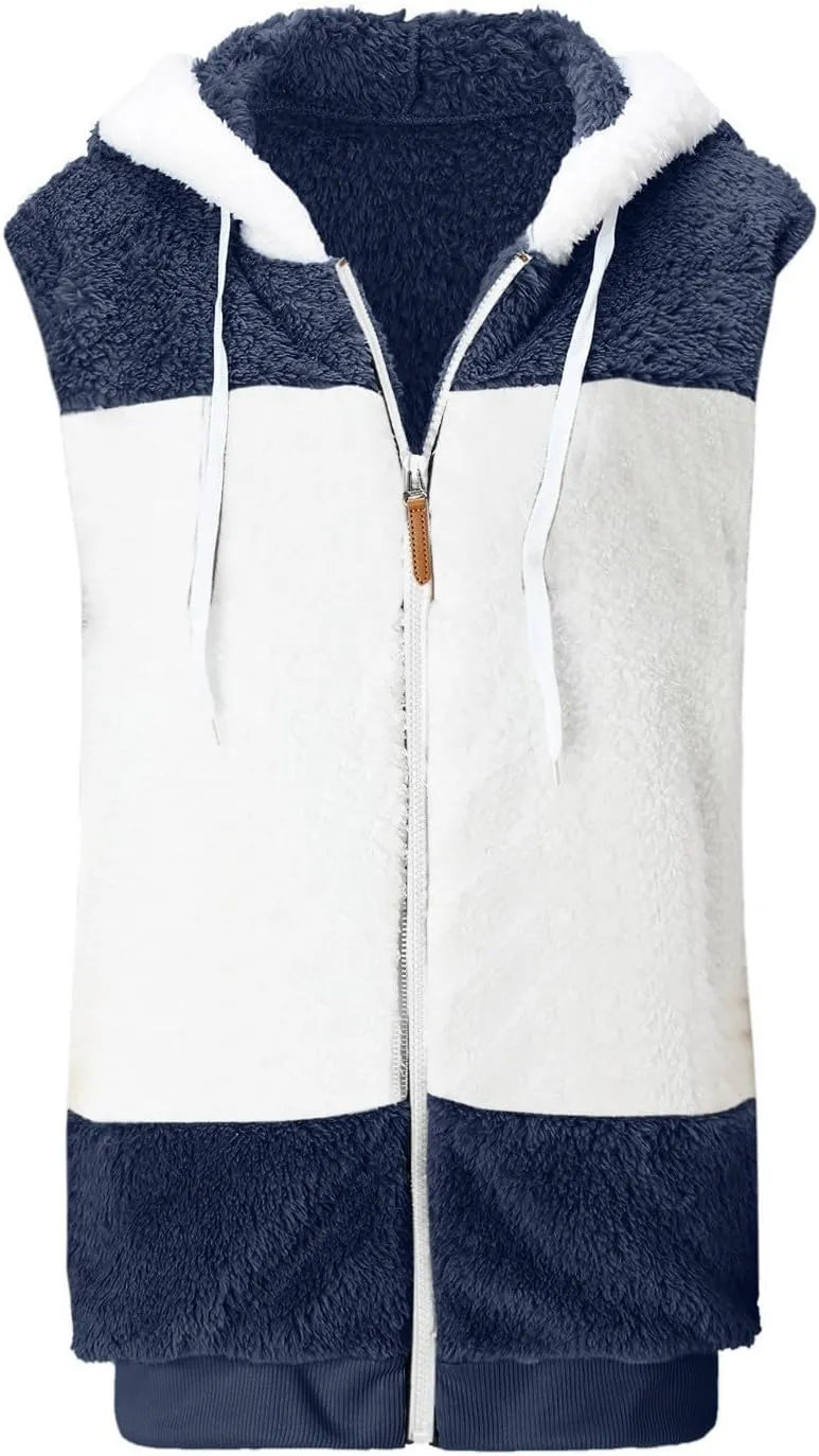 Womens Fall Winter Sleeveless Coat Zip Up Hoodie Jacket Warm Sherpa Jackets Vest Coats with Pockets