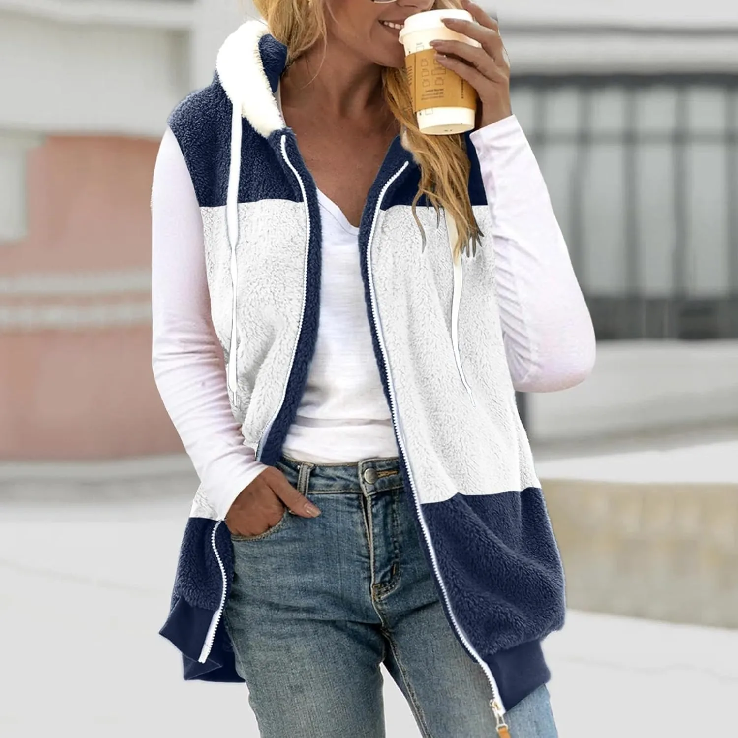 Womens Fall Winter Sleeveless Coat Zip Up Hoodie Jacket Warm Sherpa Jackets Vest Coats with Pockets