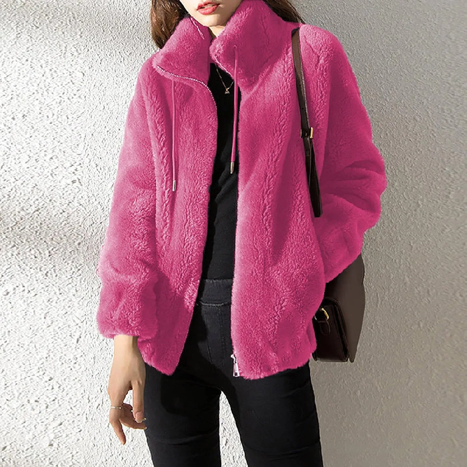 Women's Fashion Plush Coats Winter Warm Cardigan Coat Standing Collar Zip Up Fleece Tops Sweater Jacket
