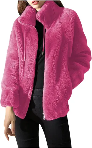Women's Fashion Plush Coats Winter Warm Cardigan Coat Standing Collar Zip Up Fleece Tops Sweater Jacket