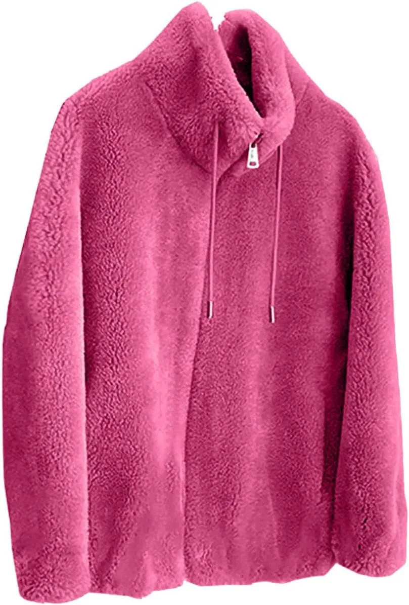 Women's Fashion Plush Coats Winter Warm Cardigan Coat Standing Collar Zip Up Fleece Tops Sweater Jacket