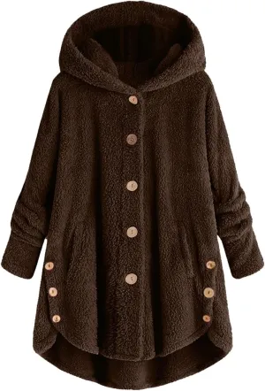Women's Fleece Jackets Button Down Fuzzy Sherpa Lined Hooded Cardigans Jacket Casual Open Front Warm Plush Outwear