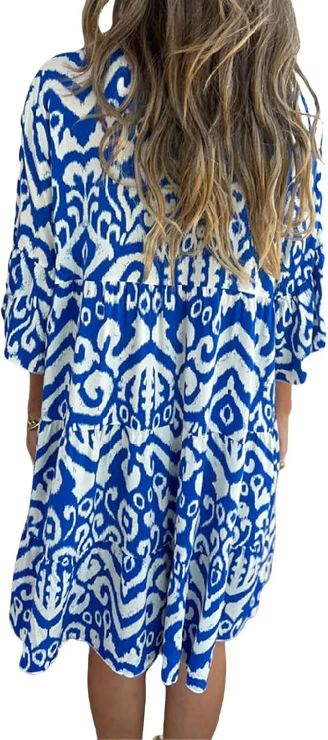Womens Flora Boho Dress V Neck 3/4 Sleeve Midi Dresses Summer Casual Loose Waist Pleated Vacation Dress