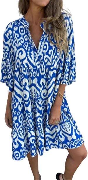 Womens Flora Boho Dress V Neck 3/4 Sleeve Midi Dresses Summer Casual Loose Waist Pleated Vacation Dress