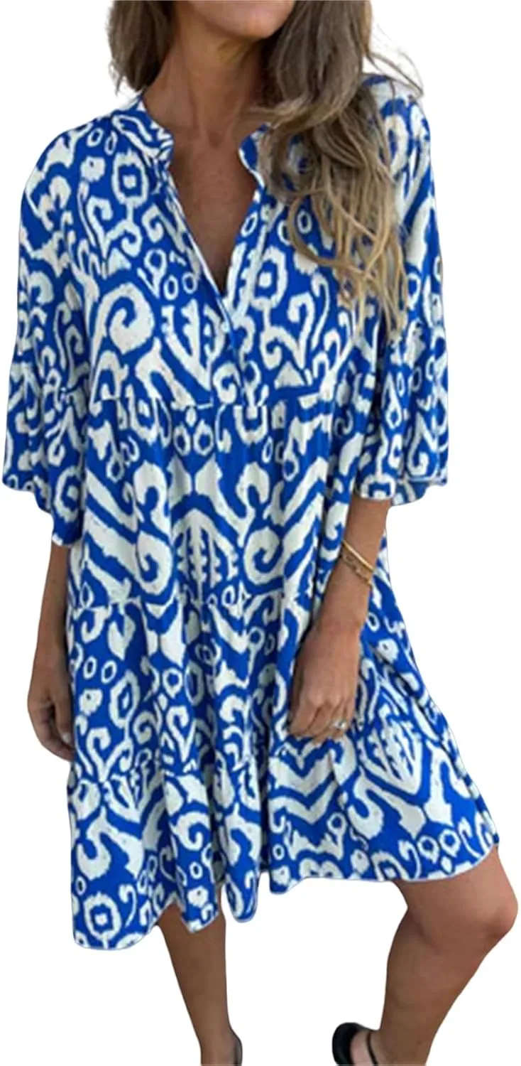 Womens Flora Boho Dress V Neck 3/4 Sleeve Midi Dresses Summer Casual Loose Waist Pleated Vacation Dress
