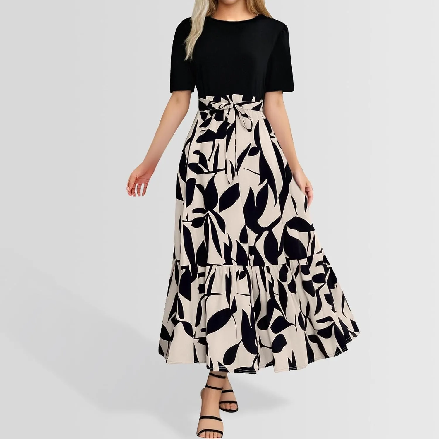 Womens Floral Long Dresses 2025 Elegant Boho Tie Belted Patchwork Boho Dress Empire Waist Short Sleeve Flowy Maxi Dress