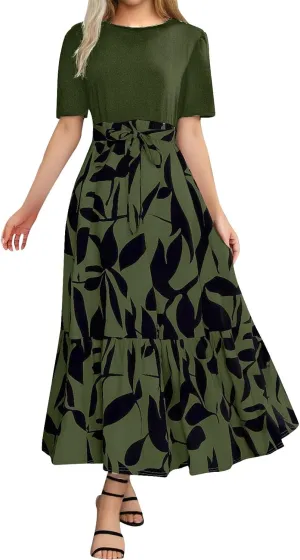 Womens Floral Long Dresses 2025 Elegant Boho Tie Belted Patchwork Boho Dress Empire Waist Short Sleeve Flowy Maxi Dress
