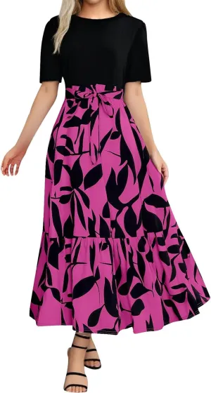Womens Floral Long Dresses 2025 Elegant Boho Tie Belted Patchwork Boho Dress Empire Waist Short Sleeve Flowy Maxi Dress