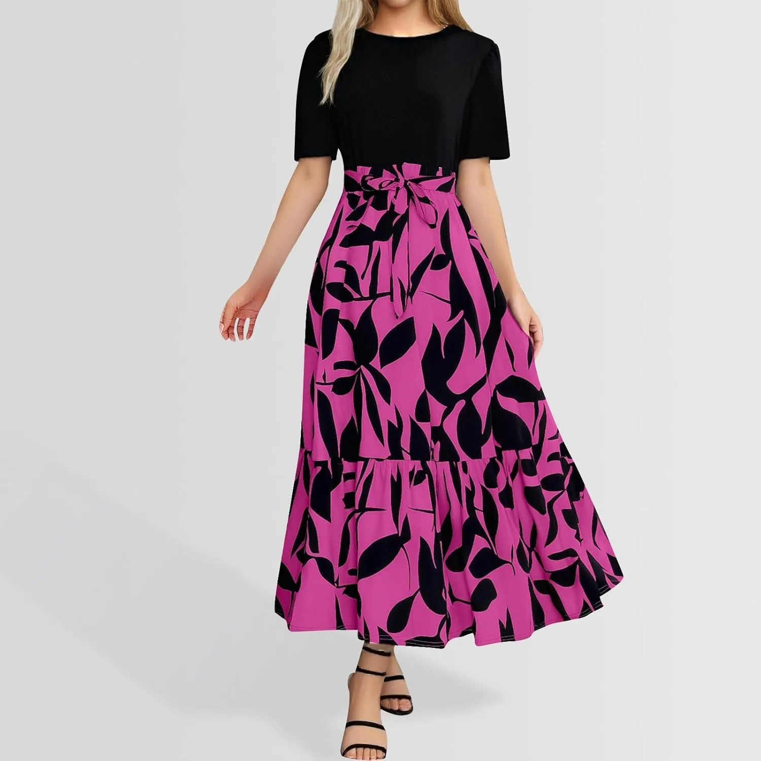 Womens Floral Long Dresses 2025 Elegant Boho Tie Belted Patchwork Boho Dress Empire Waist Short Sleeve Flowy Maxi Dress